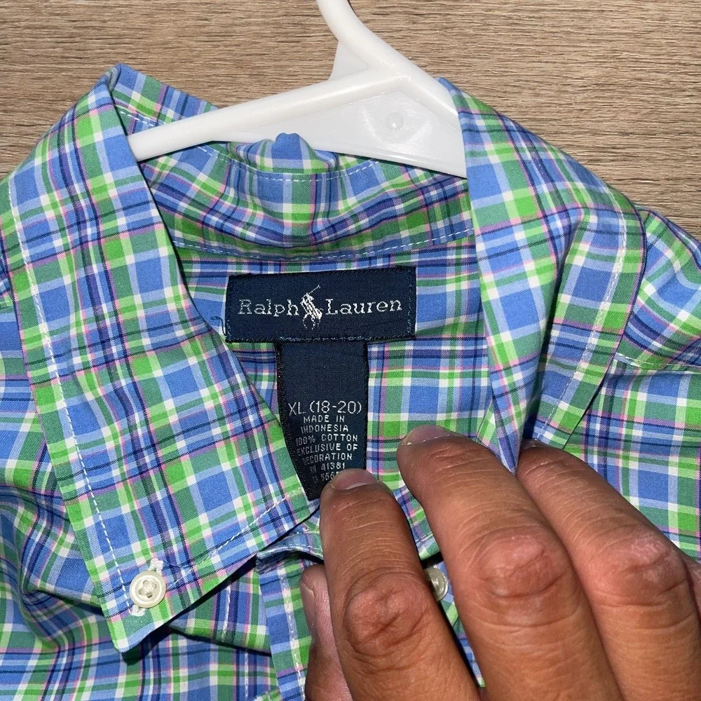 Ralph Lauren Boys XL 18-20 Plaid Button Down Shirt Blue Green Long Sleeve